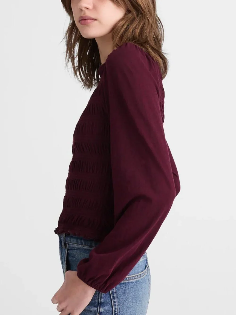 Madewell Smocked Cotton Boatneck Puff Sleeves Slim Fit Top Burgundy Size M NWT